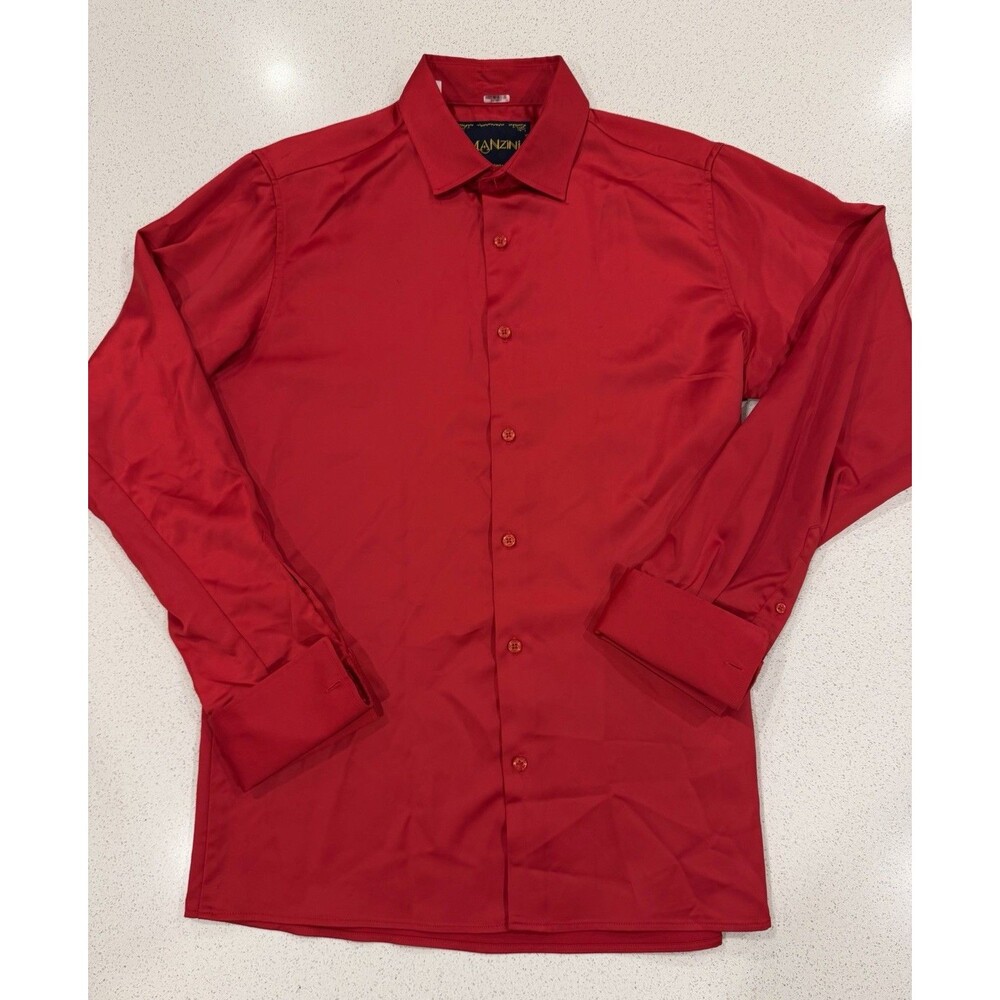 Manzini Men’s Bright Red Button Down Shirt Size L Large Long Sleeve Collared